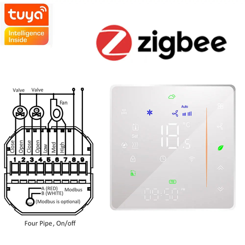 Tuya ZigBee Digital Display Smart Temperature Controller Hvac Thermostat 3 Speed Heating Cooling for Air Conditioning Controller