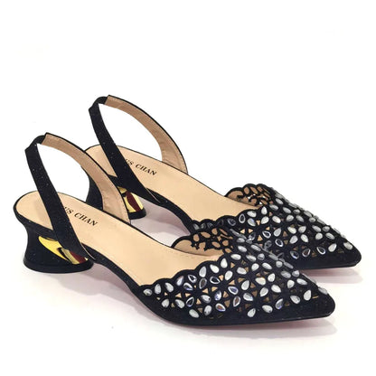 Venus Chan Low Heel Shoes for Women Hollowed Out Embroidery Rhinestone Italian Design Gold Color Pointed-Toe Shoes and Bags Set