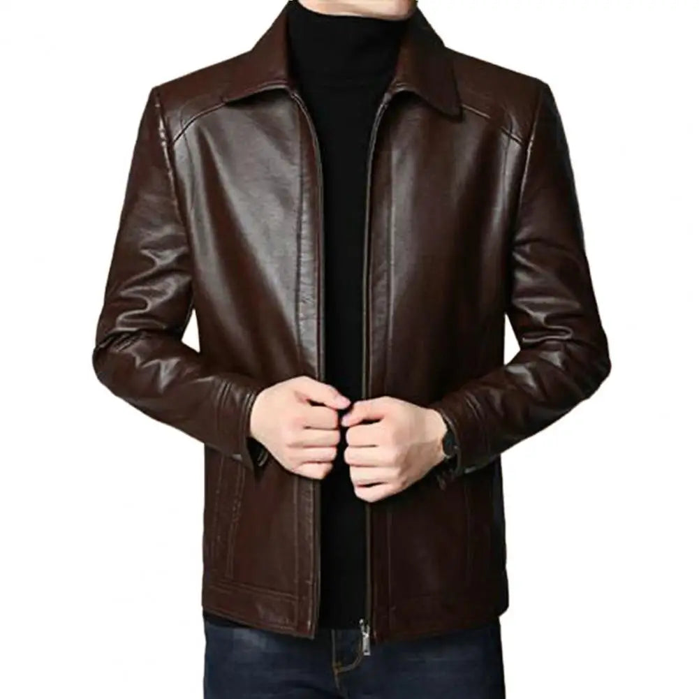 Men Faux Leather Jacket Men's Faux Leather Motorcycle Jacket with Stand Collar Thick Warm Lining Windproof Design for Autumn