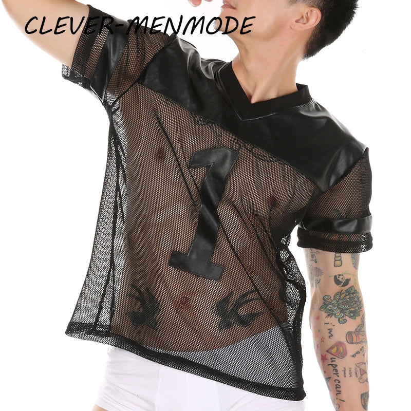 Men's Sexy Faux Leather Fishnet Short Sleeve Cutout PU T Sleeve Breathable V-Neck Short Sleeve Basketball Jersey Sportswear