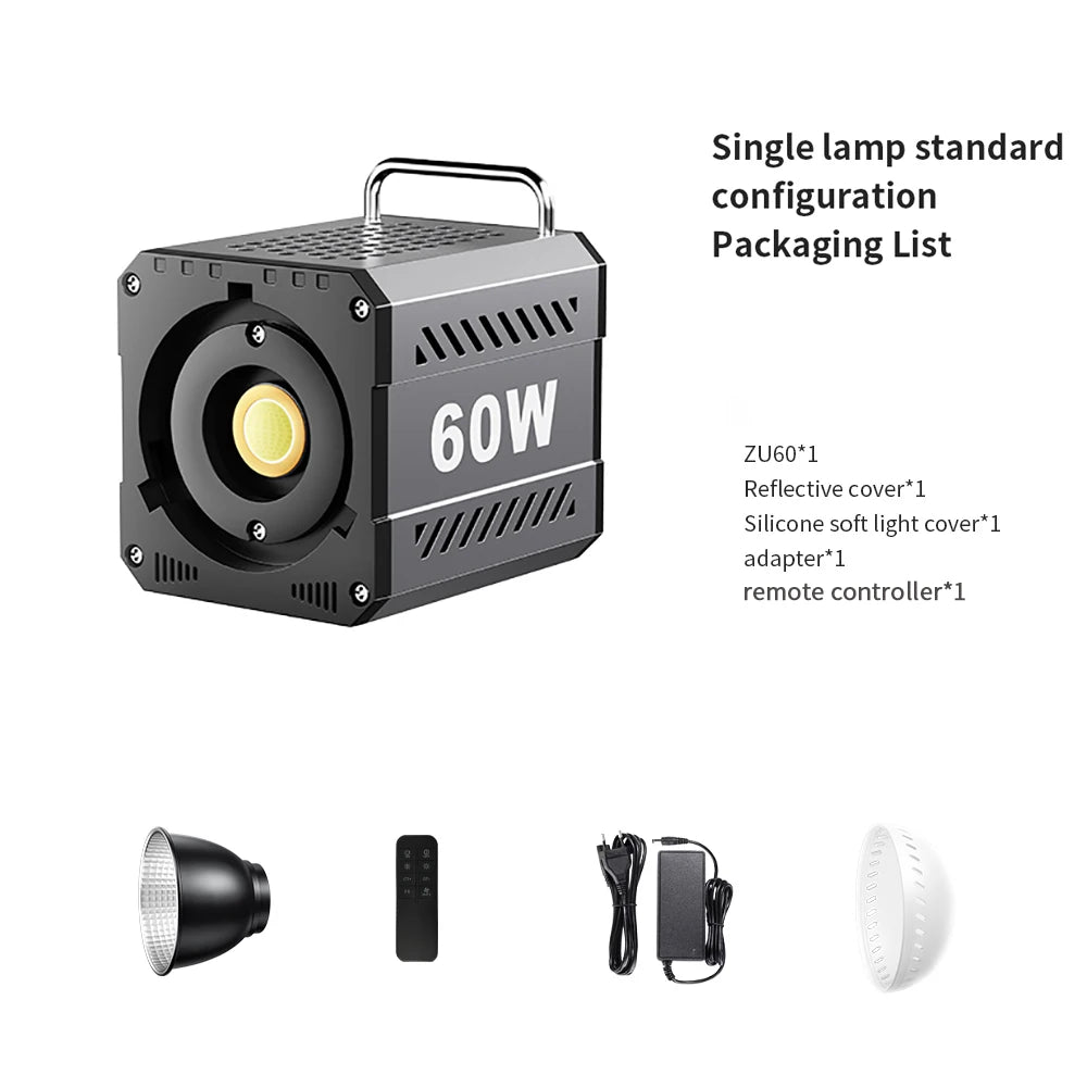 60W COB Video Light CRI≥90 TLCI≥97 Continuous Output Lighting Dual Color Temperature 2700K-6500K Portable Mini Bowens Live Light