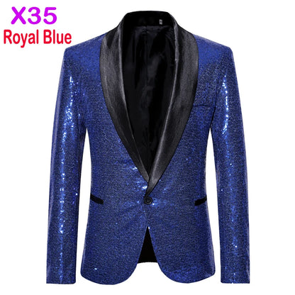 Black Sequin One Button Shawl Collar Suit Jacket Men Bling Glitter Nightclub Prom DJ Blazer Jacket Men Stage Clothes for Singers