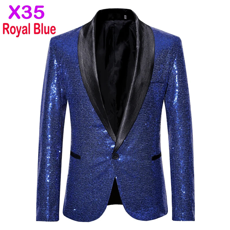 Shiny Purple Sequin Glitter Embellished Tuxedo Suit Jacket Men One Button Shawl Collar Night Club Stage Wedding Costume Homme