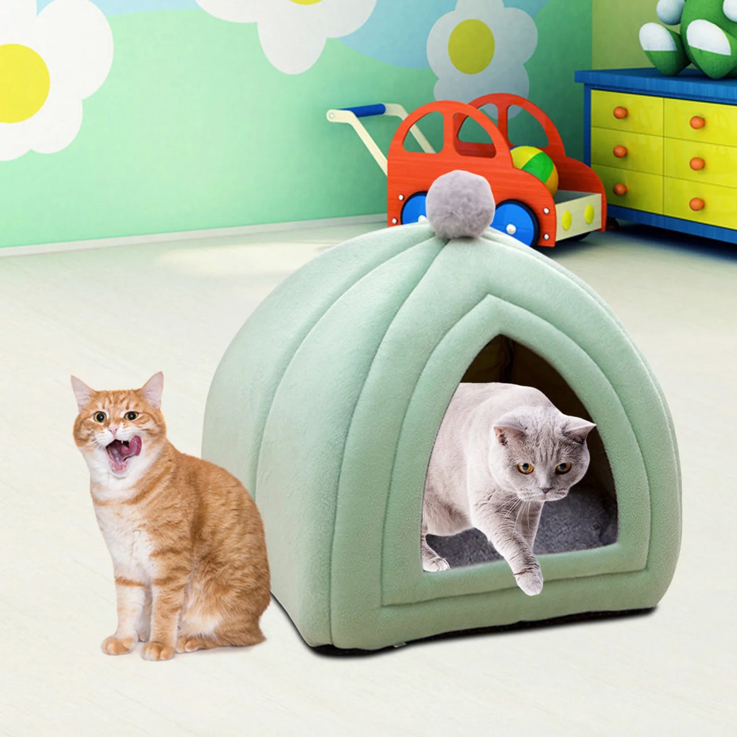 Cute Pet Cat Bed Semi Closed Dog House Sofa Nest Velvet Washable Puppy Kennel Warm Comfortable Tent for Indoor Outdoor