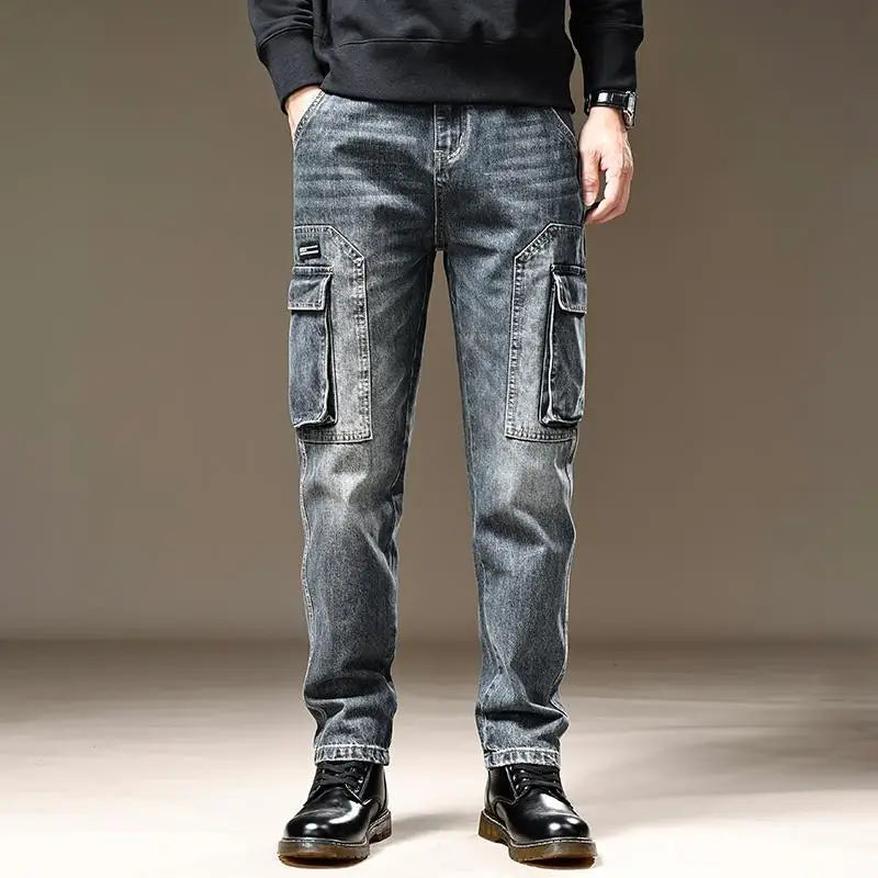 American Fashion High Street Loose Straight Cargo Jeans Men's Solid Patchwork Button Zipper Pockets Versatile Casual Pants 2024