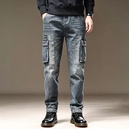 American Fashion High Street Loose Straight Cargo Jeans Men's Solid Patchwork Button Zipper Pockets Versatile Casual Pants 2024