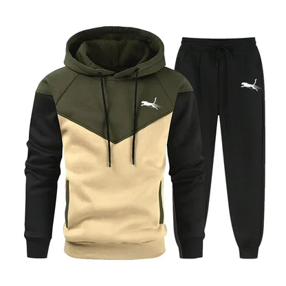 Autumn Winter New Men's Print Hoodies Outdoor Sportswear Set Street Simplicity Fashion Hooded Sweatshirt Two Color Matching Top