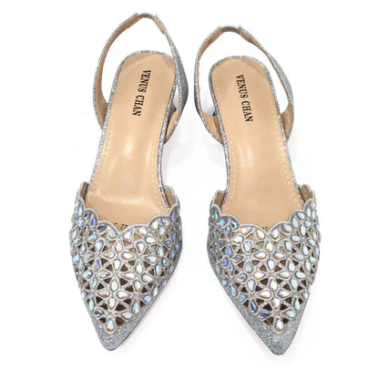 Venus Chan Low Heel Shoes for Women Hollowed Out Embroidery Rhinestone Italian Design Gold Color Pointed-Toe Shoes and Bags Set