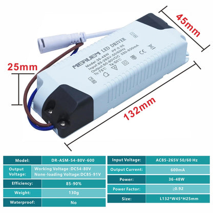 36W-48W LED Panel lamp  Power Supply Lighting Transformer AC85-265V Output600mA DC54-80V External Drive