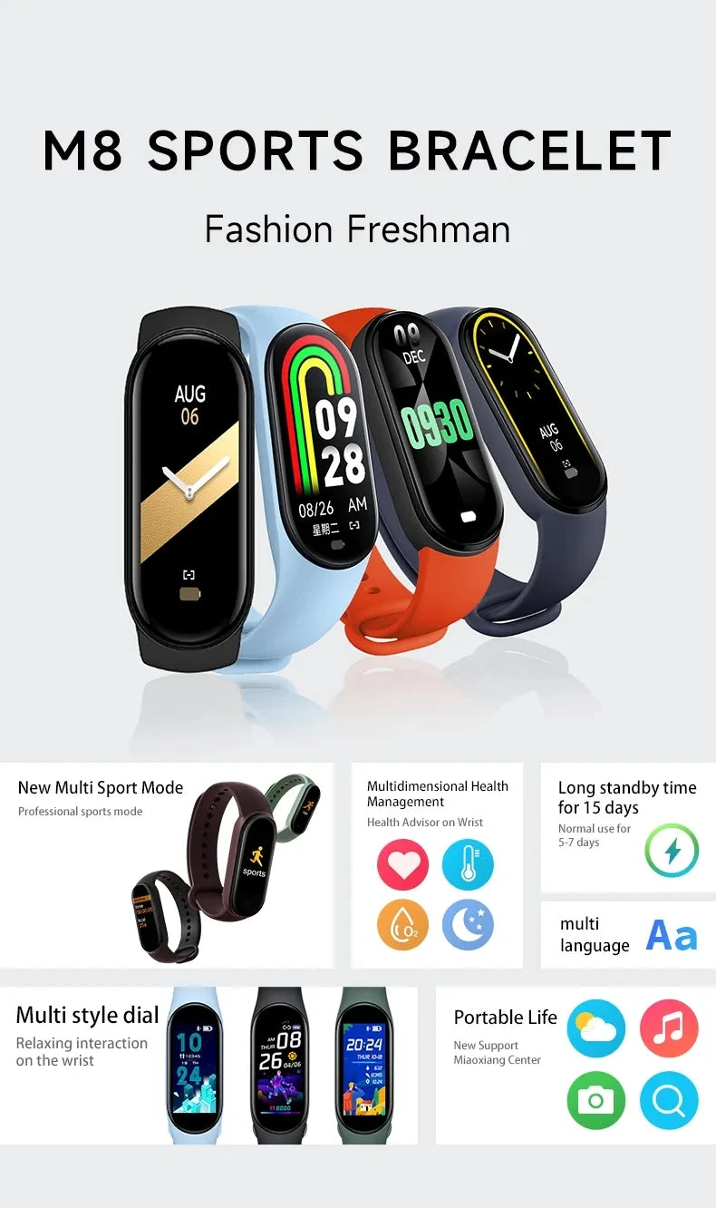 M8 Smart Band Men Sport Watch Health Heart Rate Fitness Tracker Pedometer Women Wristband Bracelet for ios Android 10 Pieces