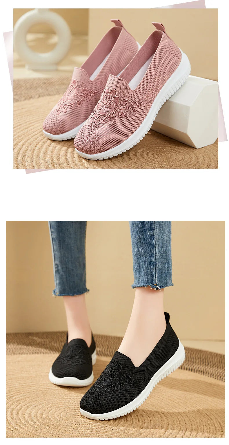 Summer Soft Embroidery Women's Flat Shoes Knitted Breathable Shoes Women's Chinese Flower Casual Shoes 2023 New shoes for women