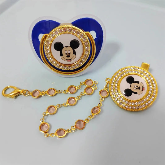 Mickey Mouse Head Baby Pacifier Pearl Chain clip Newborn BPA free Deluxe Bling Pacifier Silicone dummy Soother Chupeta0-24 month