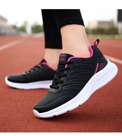 Waterproof Leather Chunky Sneakers for Women, Running Shoes, Casual Sports Shoes, Black Trainers, Autumn, Spring