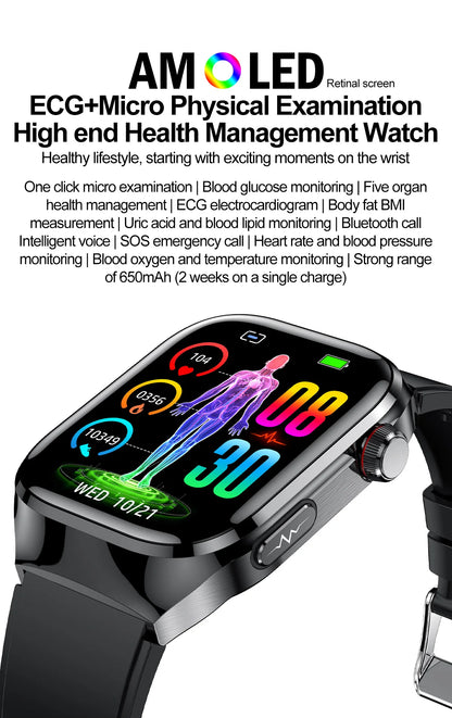 2024 New Medical Grade Uric Acid Blood Fat Smartwatch ECG Blood Glucose Heart Rate Blood Pressure Health Monitoring Smart Watch