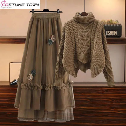 Oversized Women's Autumn Set 2023 New Temperament Senior Knitted Sweater Mesh Half Skirt Two Piece Set Fashion