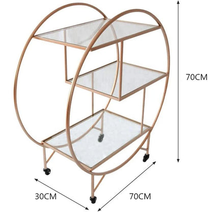 Light Luxury Round Frame With 4 Wheel 3 Tier Gold Metal With Mirror Trolley Bar Cart Hotel Furniture Cart Home Garden Storage