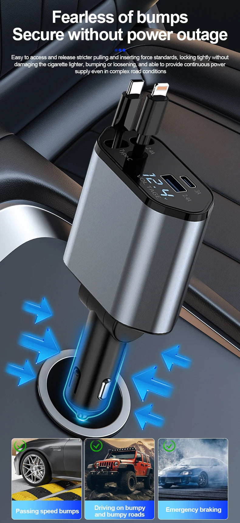 4 in 1 Retractable Car Charger, 100W Quick Charge with 2 USB Port, Retractable Iphone Charger & Tap-c Charger, Retractable Cable