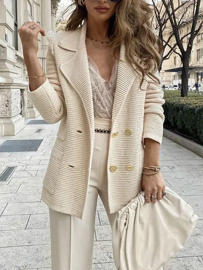 Women Double Breasted Button Solid Color Autumn Winter Blazer Jacket Fashion Casual Long Sleeve Coat Cardigan