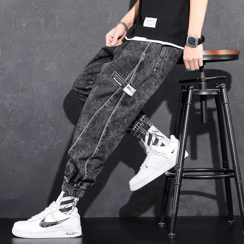 Loose Elastic Waist Denim Jeans for Men 2024 Fashion Casual Spring Workwear Foot-Tied Pants with Brand Workwear Baggy Trousers