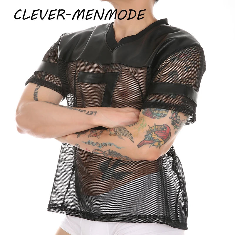 Men's Sexy Faux Leather Fishnet Short Sleeve Cutout PU T Sleeve Breathable V-Neck Short Sleeve Basketball Jersey Sportswear