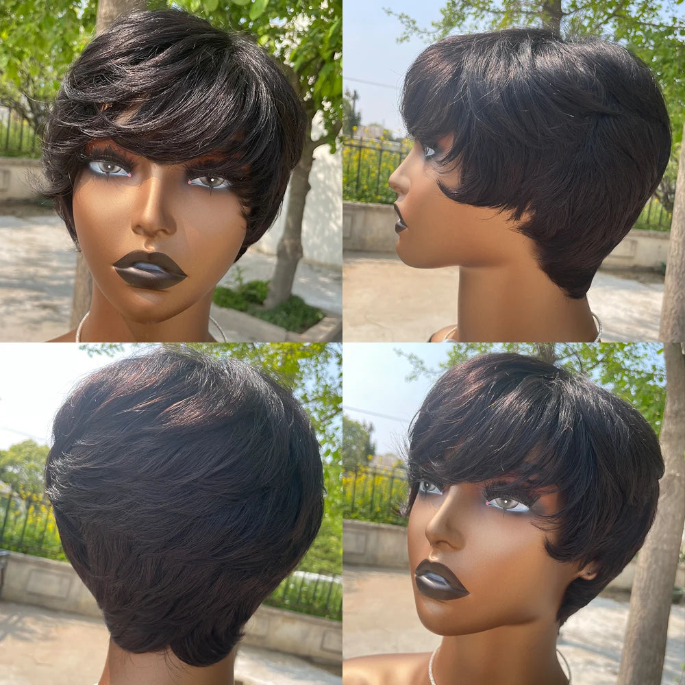 Short Pixie Cut Wig Human Hair For Black Women Machine Made Wigs With Bangs Short Wig Human Hair Wigs