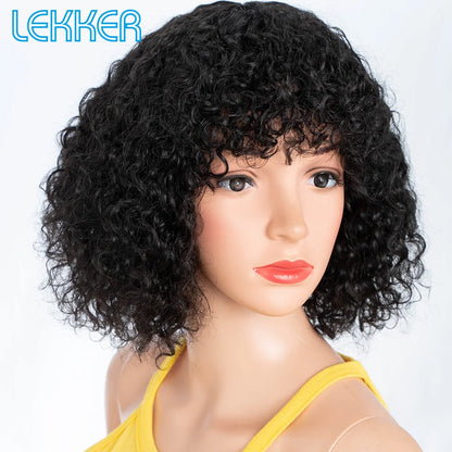 Lekker Colored Short Pixie Afro Kinky Curly Bob 100% Human Hair Wigs With Bangs For Women Brazilian Remy Hair Ombre Brown Wigs