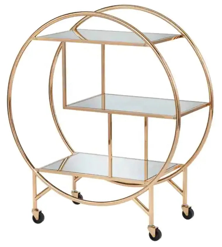 Light Luxury Round Frame With 4 Wheel 3 Tier Gold Metal With Mirror Trolley Bar Cart Hotel Furniture Cart Home Garden Storage