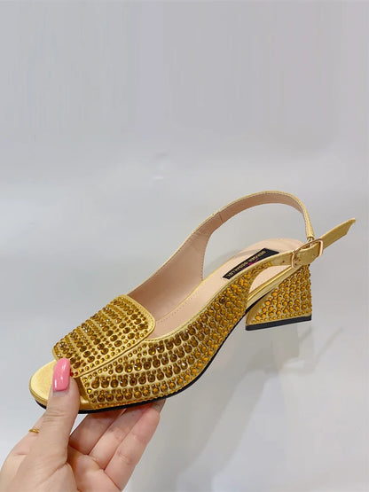 2023 Italian Design Nigerian Lastest Special Narrow Band And Cross-Tied Style Women Shoes in Gold Color for Party