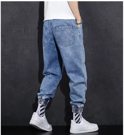 Loose Elastic Waist Denim Jeans for Men 2024 Fashion Casual Spring Workwear Foot-Tied Pants with Brand Workwear Baggy Trousers