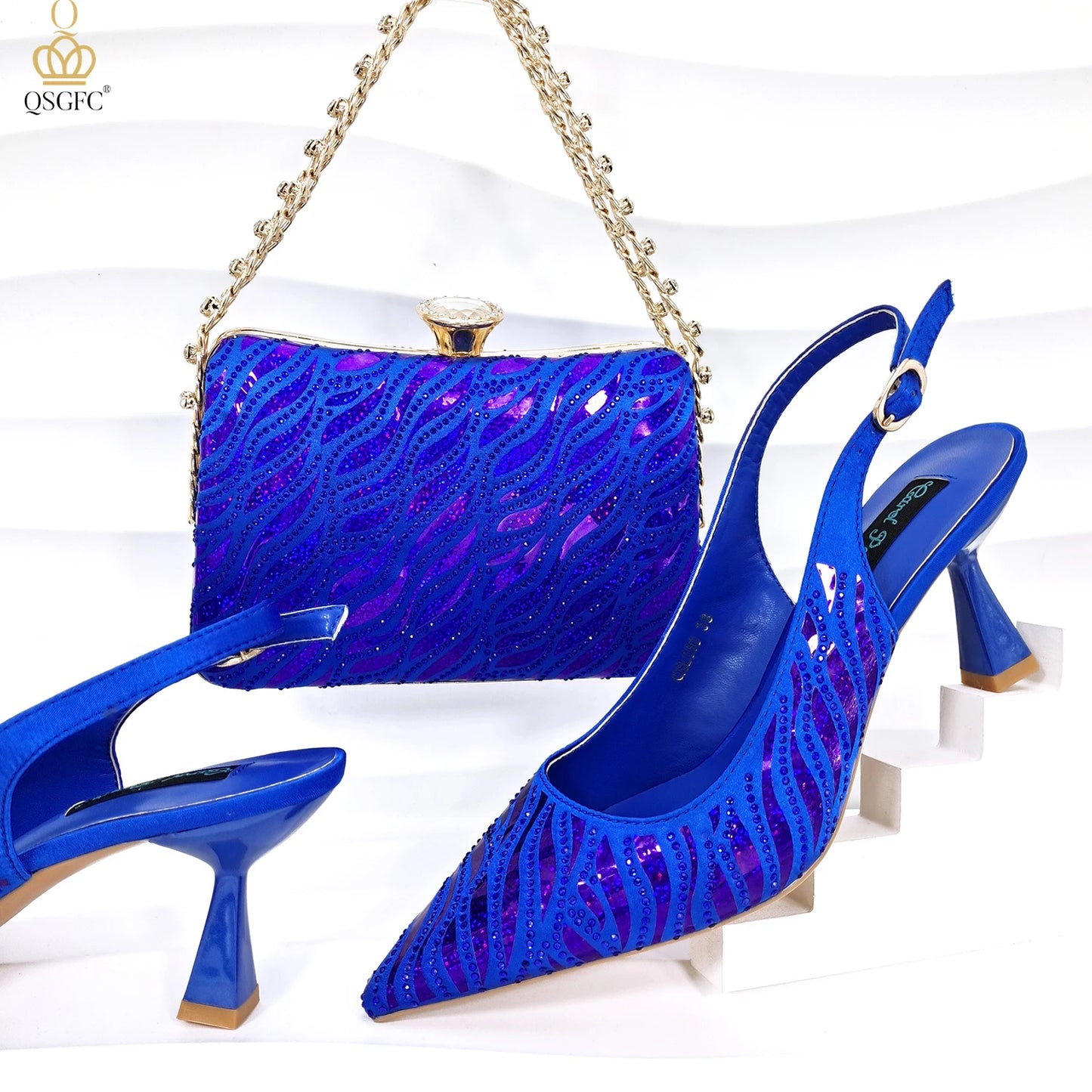 QSGFC Nigerian Style Women Heels Party Shoes and Bags Fashion Stiletto Pointed Toe Shoes and Shiny Clutches