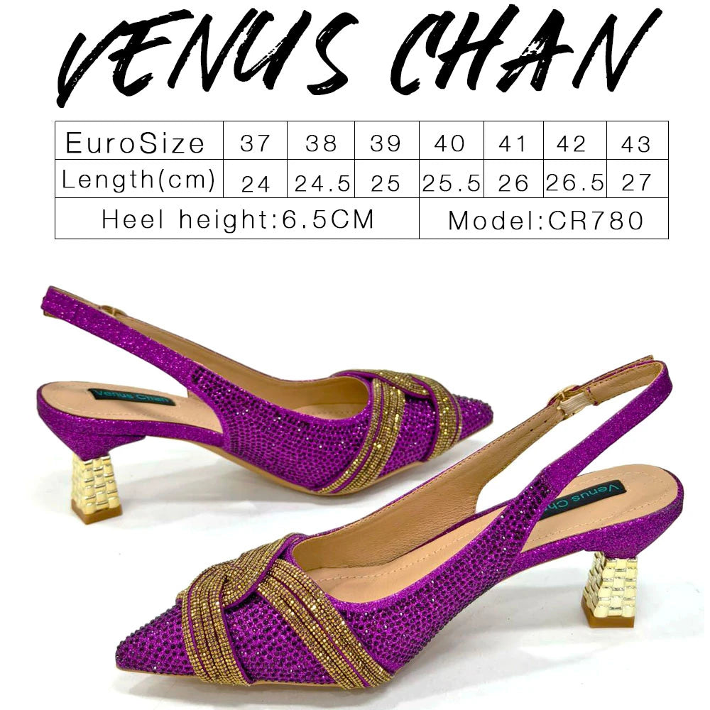 Venus Chan-Nigerian Heel Party for Women Shoes and Bag Set Champagne Colour Rhinestone Handbag Italian Design Wedding INS 2024