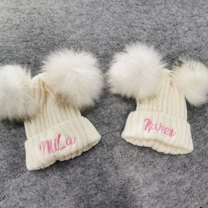 Embroidered Name Kids Double Pom Pom Beanies Hat Christmas Baby Shower Gift Winter Hat Personalized Baby Name New Year Hat