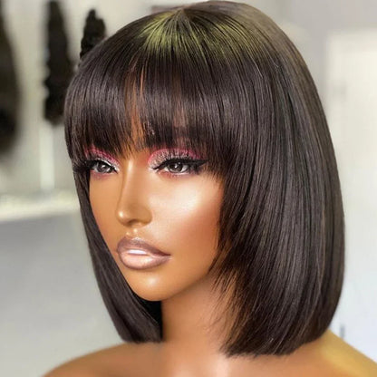 Nature Black Straight Bob Wigs With Bang Sleek Brazilian Short Hair Bob Wigs For Black Women Red 99J Glueless Machine Made Cheap