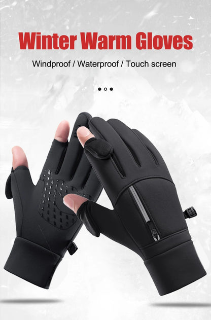 Winter Warm Gloves Flip Over Expose Two Fingers Gloves Waterproof Windproof Touch Screen Gloves Cycling Ski Fishing Gloves