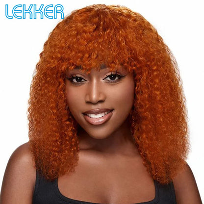 Lekker Colored Short Pixie Afro Kinky Curly Bob 100% Human Hair Wigs With Bangs For Women Brazilian Remy Hair Ombre Brown Wigs