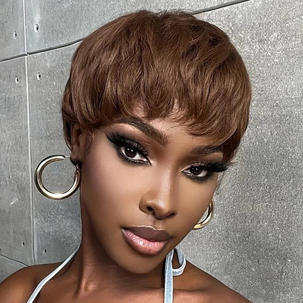 Brown Short Pixie Cut Wig Human Hair For Black Women Machine Made Wigs With Bangs Colored Brazilian Wig Human Hair Wigs