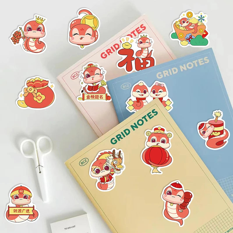 50Pcs Spring Festival Year Of The Snake Stickers Graffiti Decals DIY Phone Case Luggage Guitar Aesthetic Sticker Kids Toys