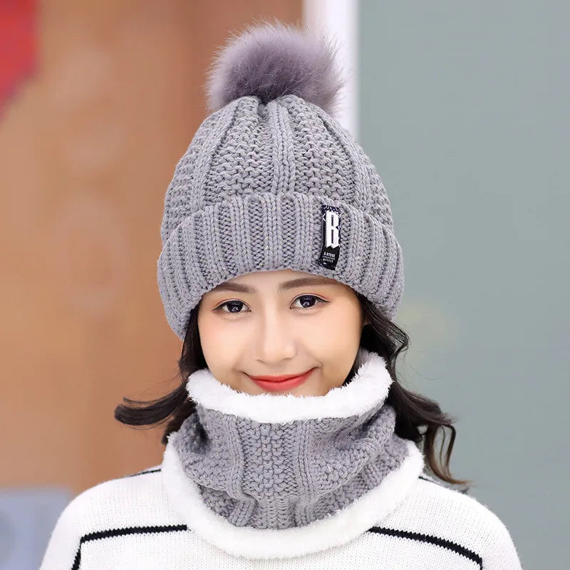 Brand Winter Knitted Scarf Hat Set Thick Warm Skullies Beanies Hats for Women Solid Outdoor Snow Riding Ski Bonnet Caps Girl