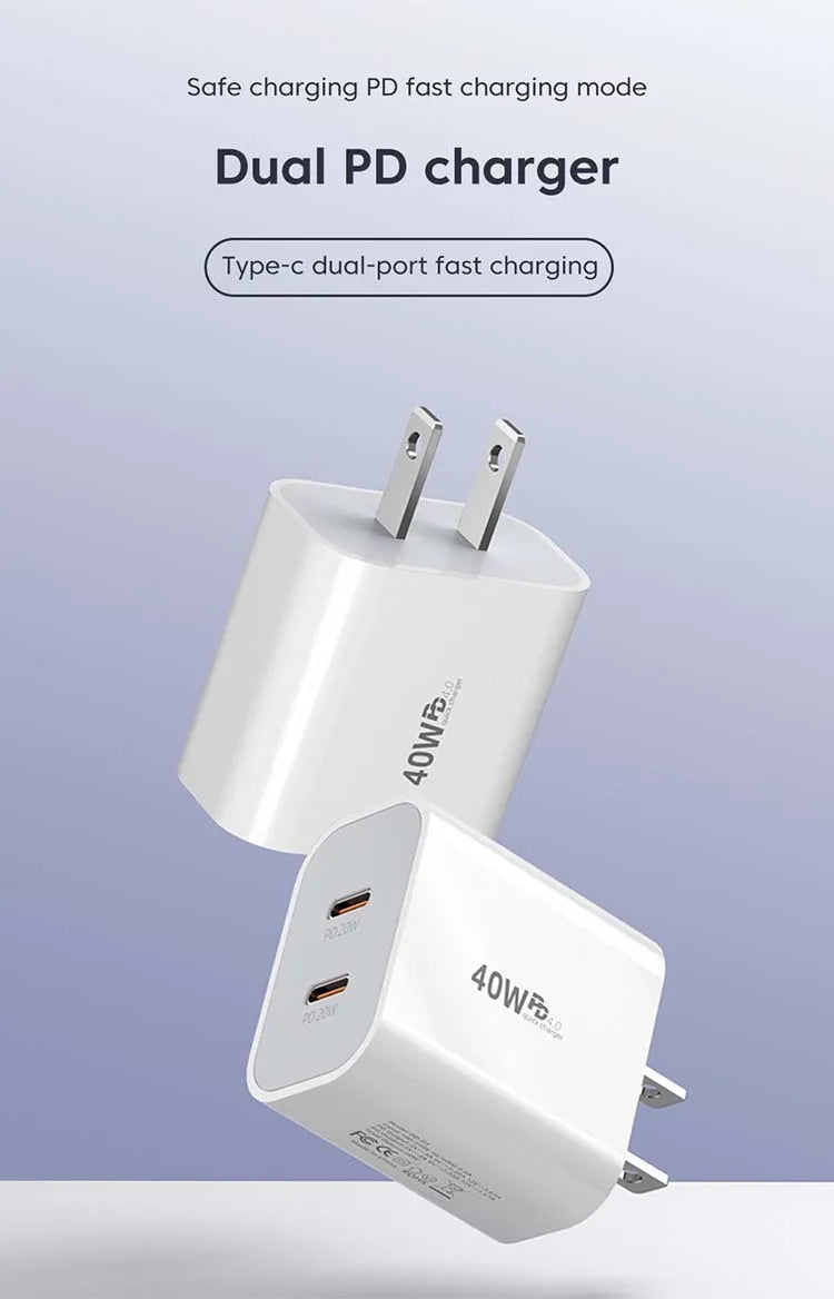 40W USB C Charger Dual Type C PD Fast Charging Charger Wall Adapter For iPhone 15 iPad Samsung Xiaomi 10A USB C Charging Cable