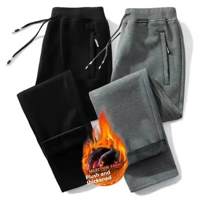 Fleece-Lined Men's Sweatpants Winter Loose-Fit Plus Size Thickened Casual Pants Zip-Up Straight-Leg Trousers Spring Autumn