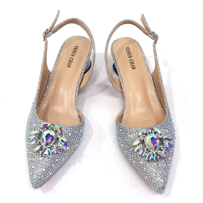 Elegant And Sexy Champagne Color High Heels Shoes And Bag With Rhinestone Embellished Toe Is Comfortable Women's Shoes For Party