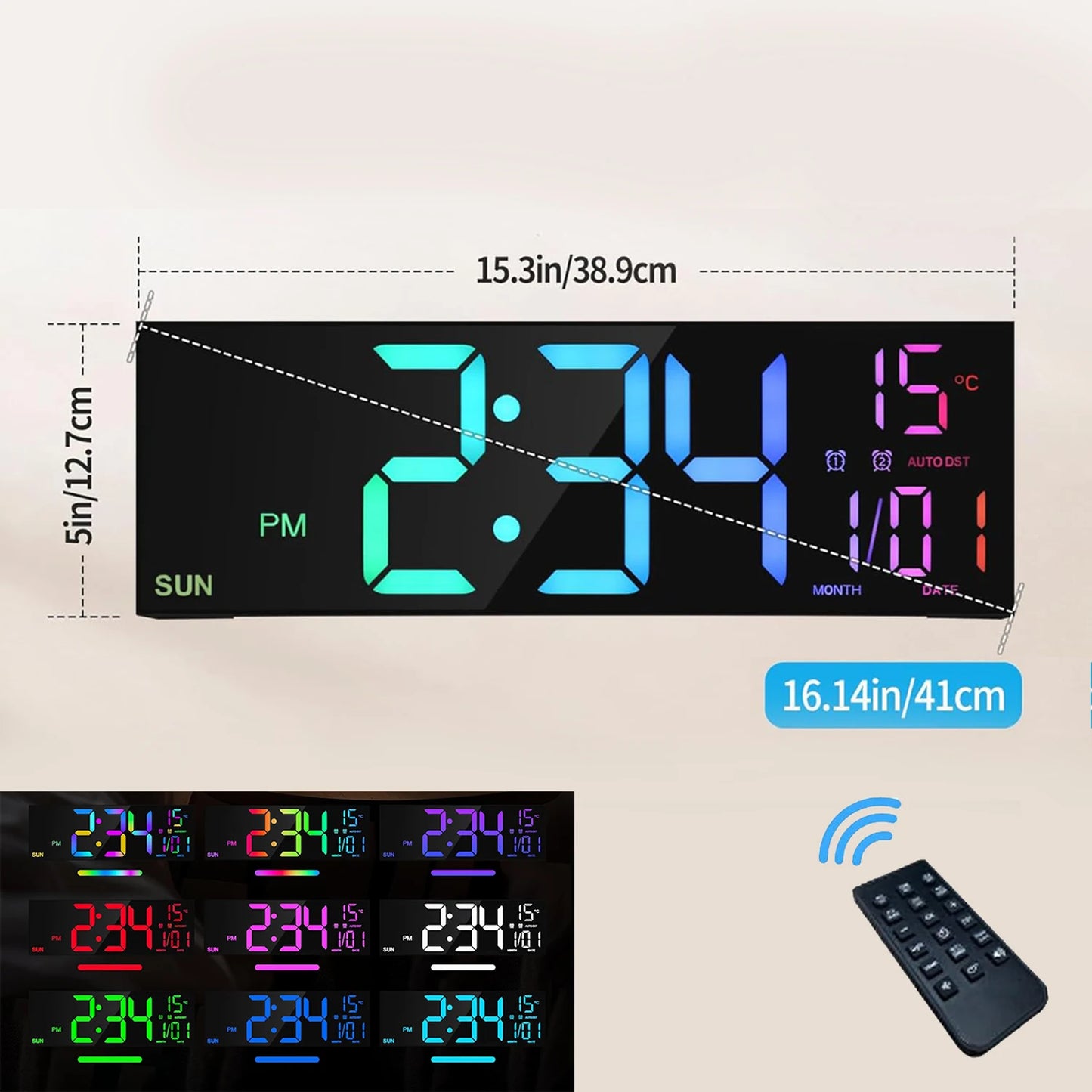 16.2'' Large Digital Wall Clock with Remote Control Big LED/Dual Alarm/8 RGB Colors Digital Alarm Clock Electronic Watch