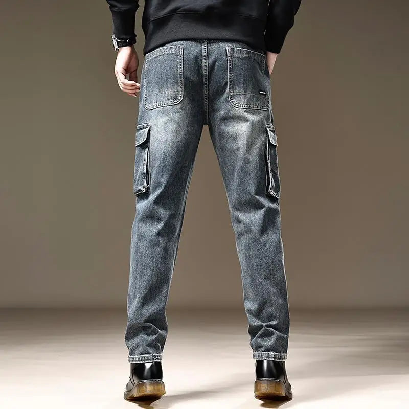 American Fashion High Street Loose Straight Cargo Jeans Men's Solid Patchwork Button Zipper Pockets Versatile Casual Pants 2024