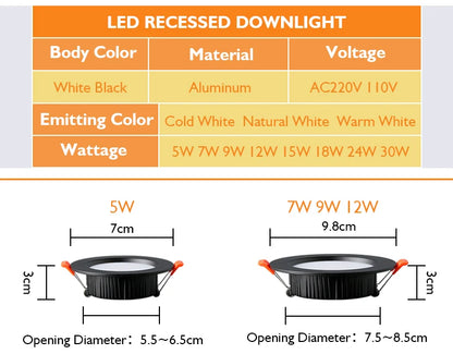 6pcs LED Downlight 5W 7W 9W 12W 15W 18W Ceiling Spot Light Recess Lamp Warm White/Cold AC220V-240V