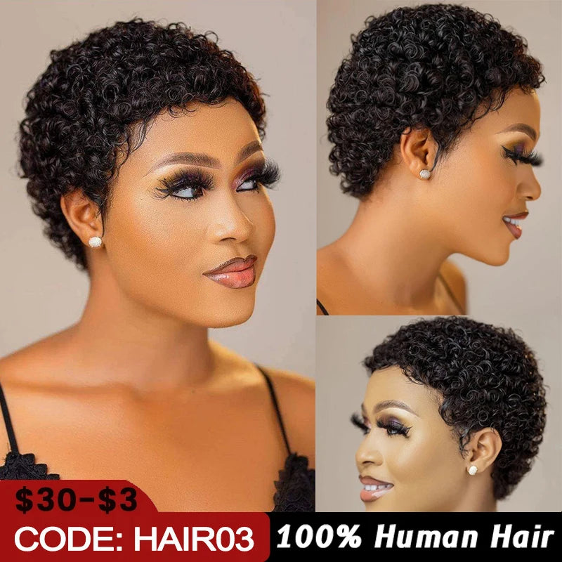 Short Kinky Curly Wigs Human Hair Pixie Cut Brazilian Human Hair For Women Natural Black Curly Human Hair Wigs Full Machine Made