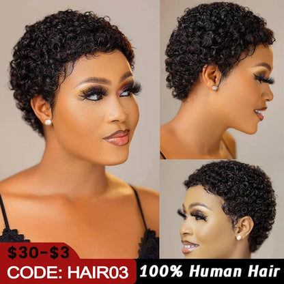 Short Kinky Curly Wigs Human Hair Pixie Cut Brazilian Human Hair For Women Natural Black Curly Human Hair Wigs Full Machine Made