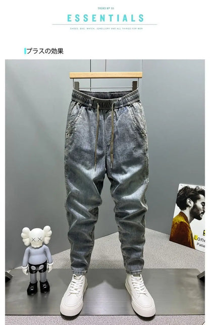 Casual Vintage Men's Fashion Drawstring Jeans with Thickened Fleece and Loose Harem Pants for Autumn and Winter Cargo Trousers