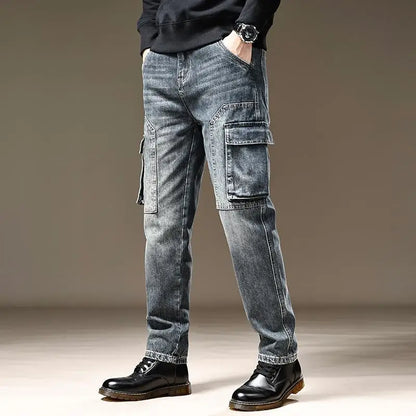 American Fashion High Street Loose Straight Cargo Jeans Men's Solid Patchwork Button Zipper Pockets Versatile Casual Pants 2024