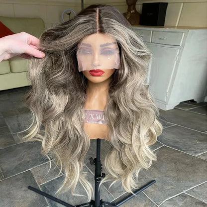 28 Inches Ombre Ash Grey Blonde Body Wave Synthetic Lace Front Wig Free Part Lace Wig With Natural Preplucked Hairline For Women