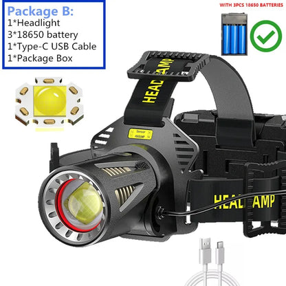 High Power XHP360 LED Headlamp 36-core Super Bright Headlight Strong Light Head Flashlight Telescopic Zoom Camping Fishing Lamp